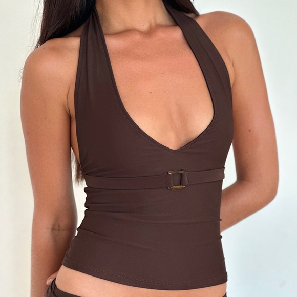 Motel Rocks Towi Swim Tank Top in Brown with Trim Size M - Picture 2 of 3